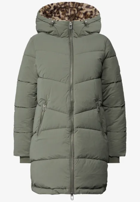 Gevoerde parka met nepbont in luipaardprint Somber Green Olivgrüne wattierte Daunenjacke für Damen, mit Kapuze, Reißverschluss und seitlichen Taschen, knielang.