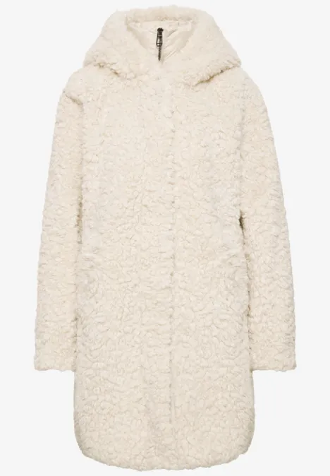 Manteau teddy crème mi-long à capuche, doux, chaud et confortable.