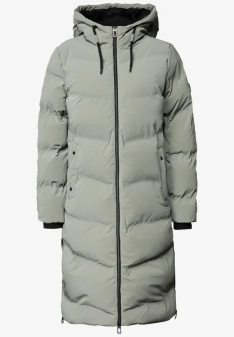 Veste matelassée à capuche et détails zippés Fresh Sage Manteau long matelassé gris/beige jusqu'aux genoux, capuche et fermeture éclair centrale.