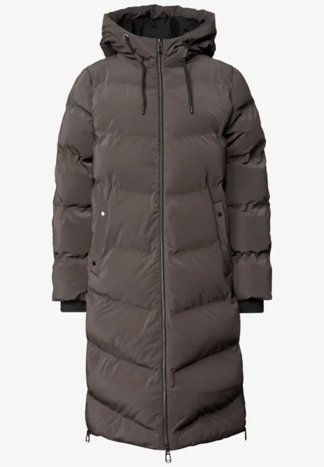 Manteau long matelassé gris foncé à capuche, fermeture éclair intégrale