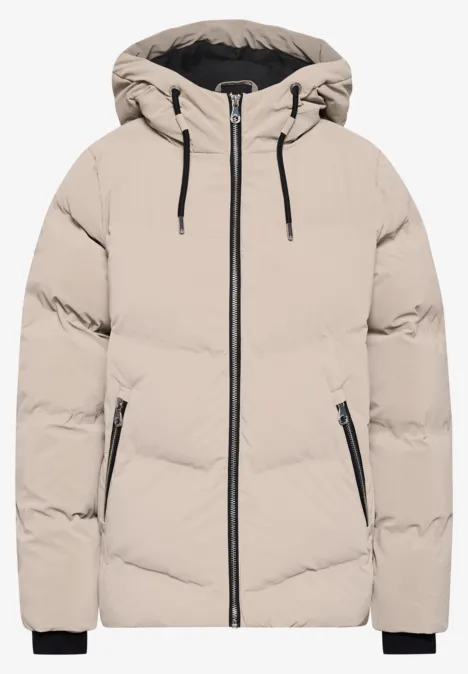 Pufferjacke mit Kapuze barley beige Helle beige Daunenjacke mit Kapuze, mittigem Reißverschluss, seitlichen Taschen und schwarzen Akzenten.