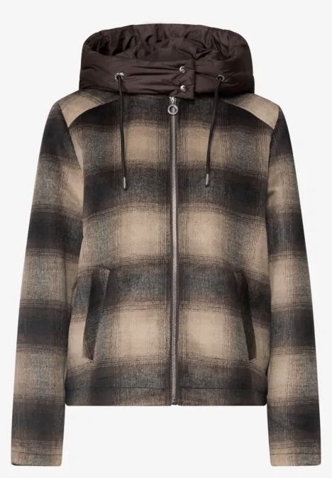 Jacke mit Wollanteil und abnehmbarer Kapuze auburn brown Braune karierte Kapuzenjacke mit Reißverschluss und leichter Polsterung.