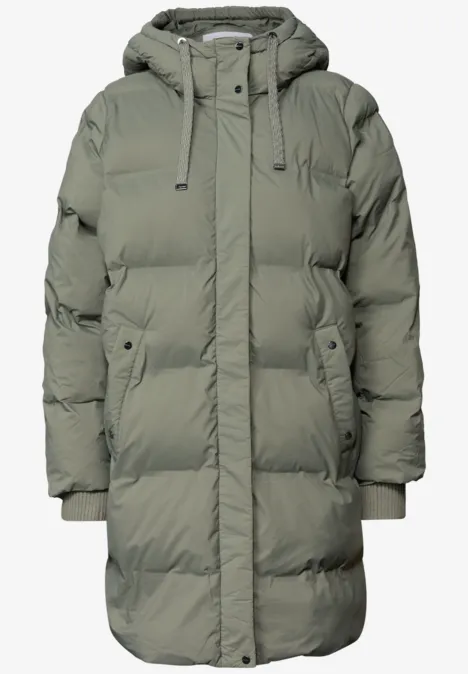 Lange Jacke mit Kapuze und Steppmuster Somber Green Langer grauer Steppmantel mit Kapuze, Reißverschluss und Taschen, perfekt für kaltes Wetter.