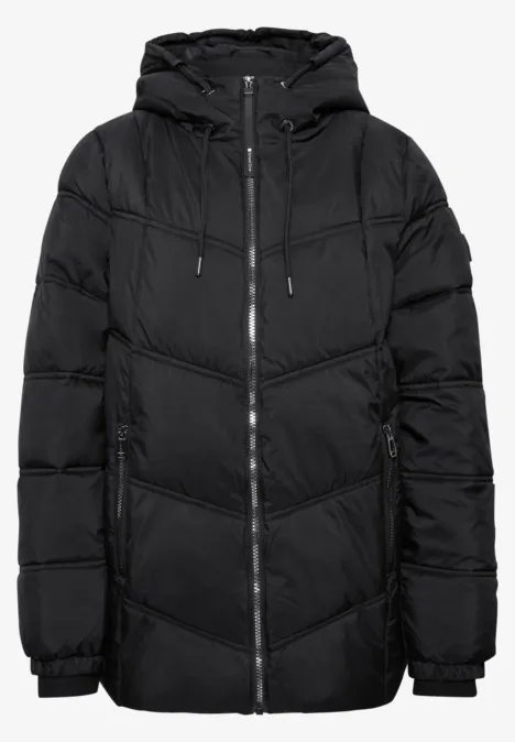 Parka matelassé noir à capuche, fermeture éclair et poches latérales