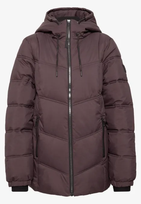 Dunkelbraune, wattierte Winterjacke mit durchgehendem Reißverschluss, Kapuze und Steppmuster.