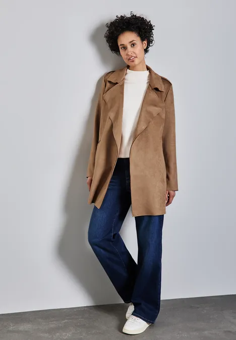 Offener Velours Trenchcoat creamy brown