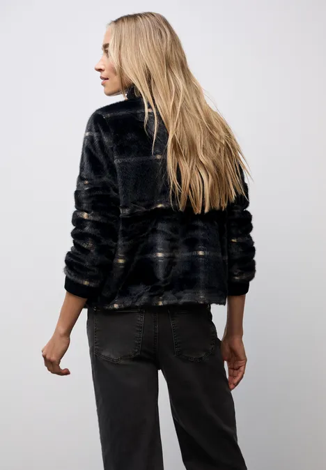 Karierte Fake Fur Jacke Black