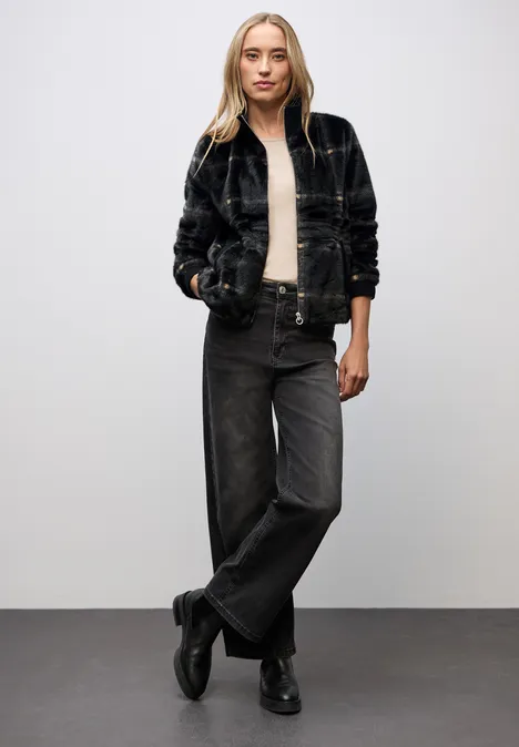 Karierte Fake Fur Jacke Black
