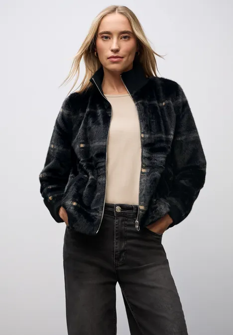Karierte Fake Fur Jacke Black