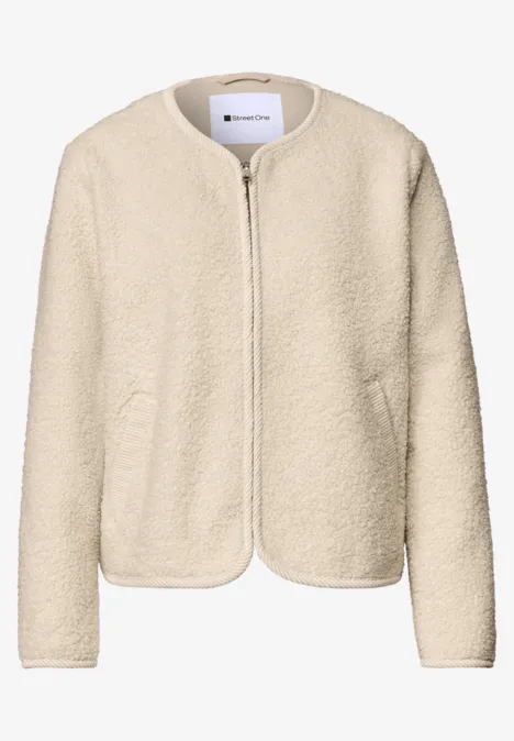 Veste en peluche à col rond et détails en velours côtelé Soft Fawn Beige Hellbeige Teddy-Jacke mit Rundhalsausschnitt und Reißverschluss, weicher Fleece-Stoff.