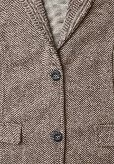 Eenvoudige blazer met reverskraag en patroon saddle brown Brauner Mantel mit Fischgrätmuster, schwarzen Knöpfen und Klapptaschen.