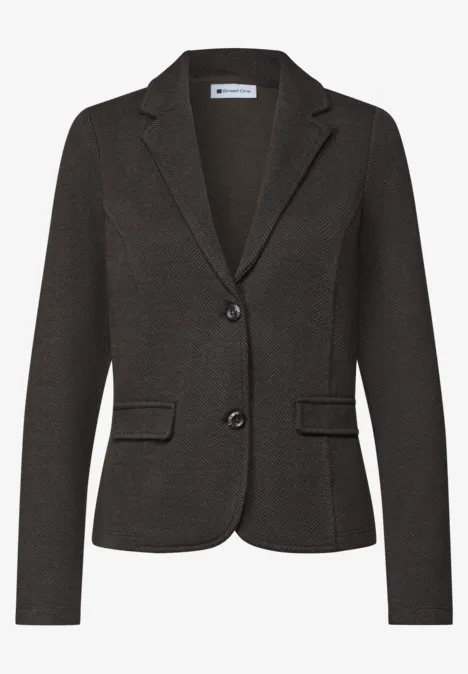 Eenvoudige blazer met reverskraag en patroon black coffee Eleganter dunkelgrauer Blazer mit zwei Knöpfen, aufgesetzten Taschen und schmalem Revers.
