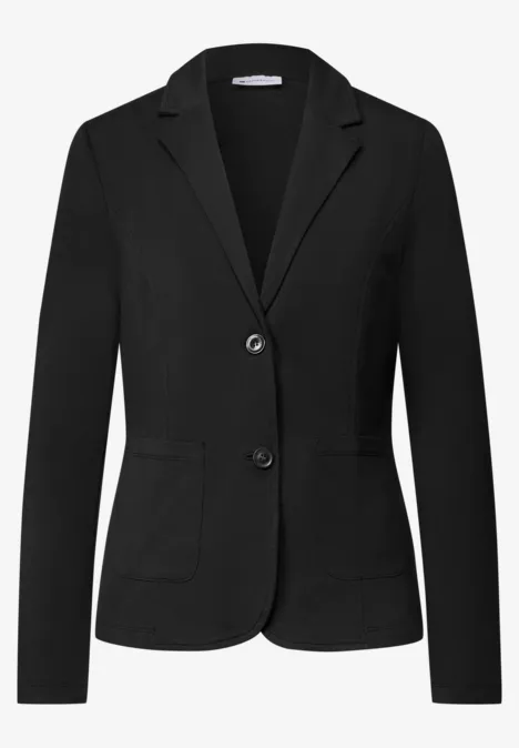 Blazer basique uni Black Schwarzer Damen-Blazer mit Reverskragen, längerer Schnitt und Knopfverschluss vorne.