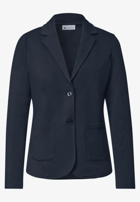 Dunkelblaues Damen-Blazer mit Reverskragen, zwei Knöpfen und aufgesetzten Taschen.