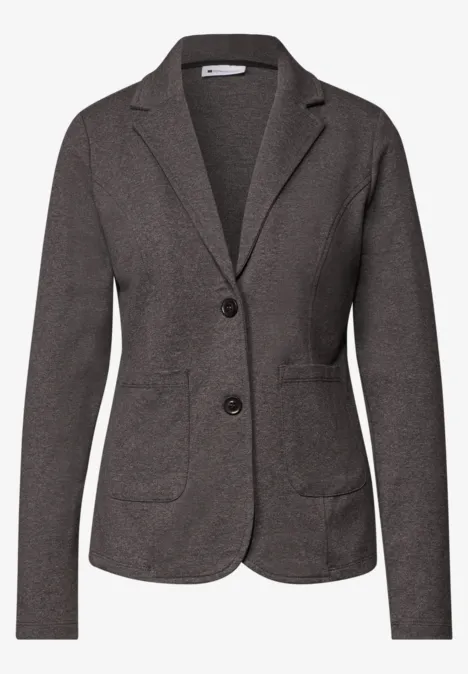 Blazer basique uni black coffee mel. Grauer Damenblazer mit Revers, zwei Knöpfen und aufgesetzten Taschen, slim-fit und elegant.