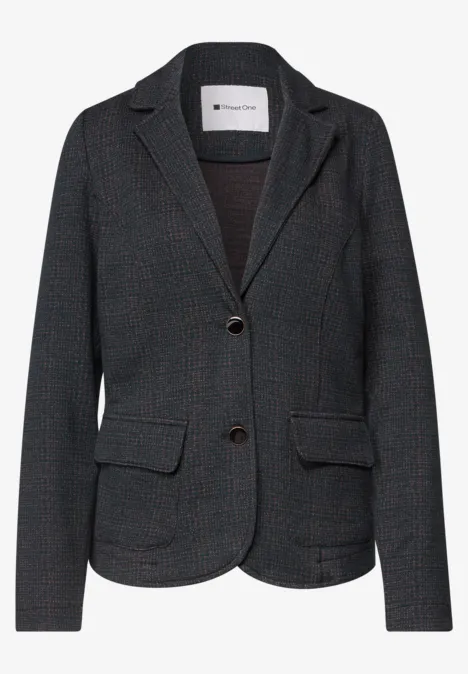 Dunkelgrauer Damenblazer mit dezentem Muster, zwei Knöpfen und aufgesetzten Taschen.