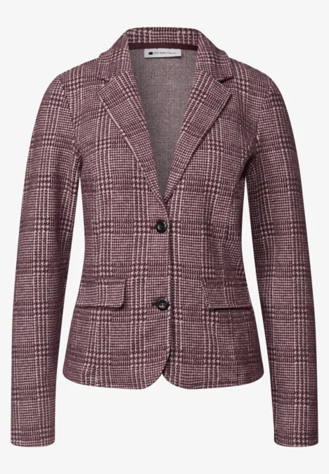 Stijlvolle roze geruite blazer met reverskraag, twee knopen en opgestikte zakken.