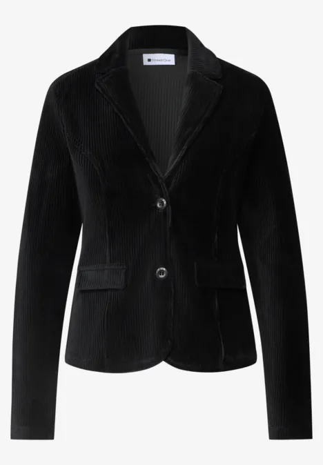 Blazer noir en velours côtelé avec col cranté, deux boutons et poches plaquées.