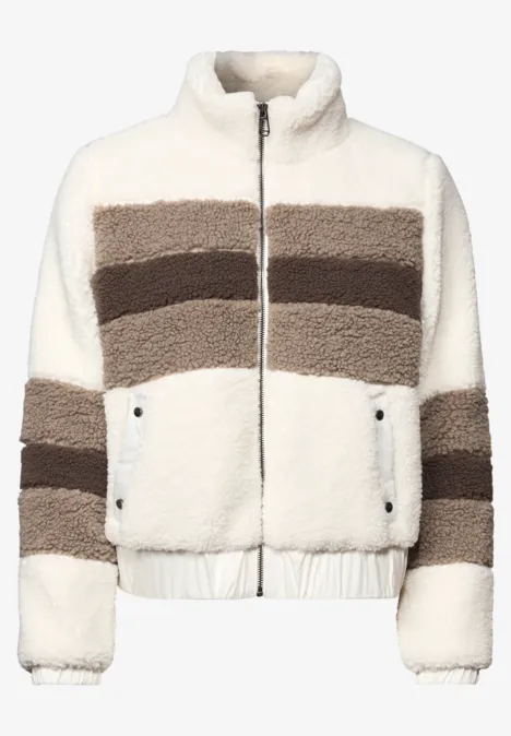 Teddy-Jacke im Colorblock-Look pure beige Kurze Teddyjacke in Weiß mit braunen Streifen, Reißverschluss und seitlichen Taschen.