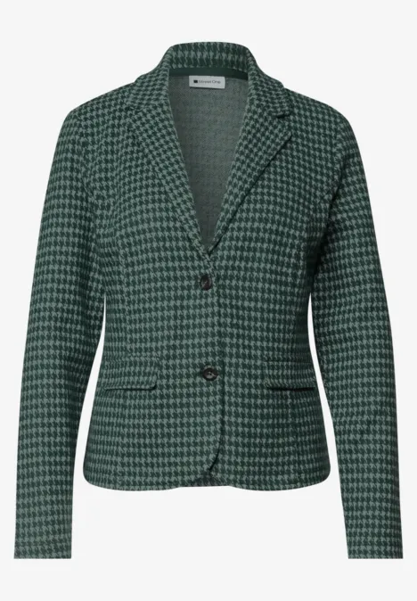Basic Blazer mit Reverskragen und Muster stormy green Grüner Damenblazer im Hahnentrittmuster mit tailliertem Schnitt, Reverskragen und zwei Knöpfen.