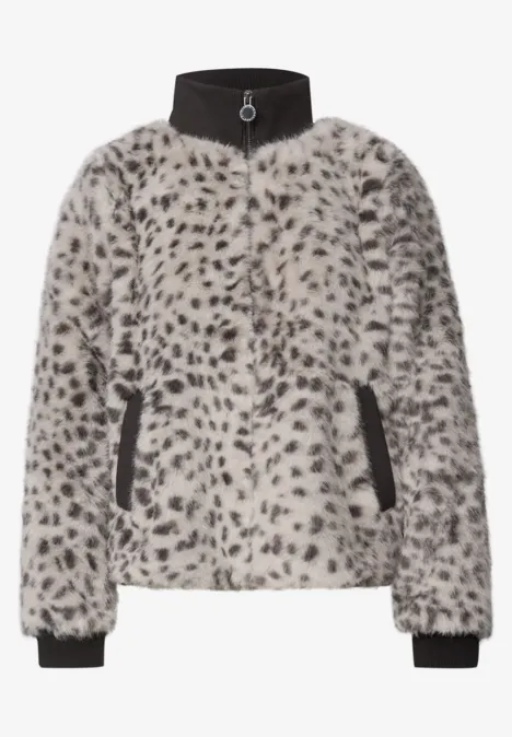 Fake Fur Jacke mit Animal Print black coffee Kurz geschnittene, beiger Kunstfelljacke mit schwarzem Stehkragen und Tupfenmuster
