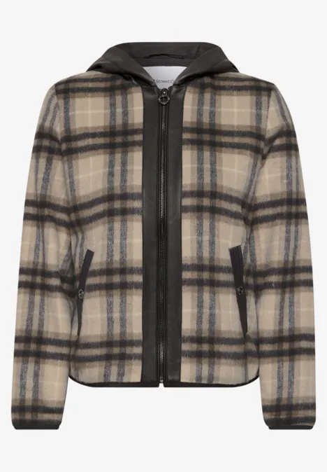 Jacke mit Wollanteil und Kapuze black coffee Kapuzenjacke mit Reißverschluss und kariertem Muster in Beige, Braun und Schwarz