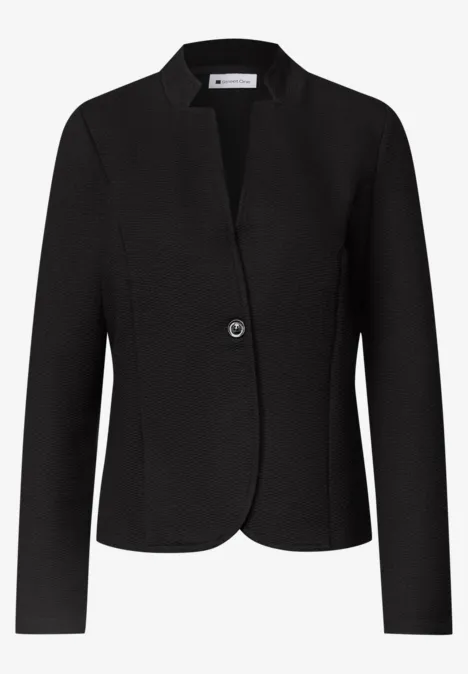 Schwarzer Damenblazer mit V-Ausschnitt und Ein-Knopf-Verschluss.