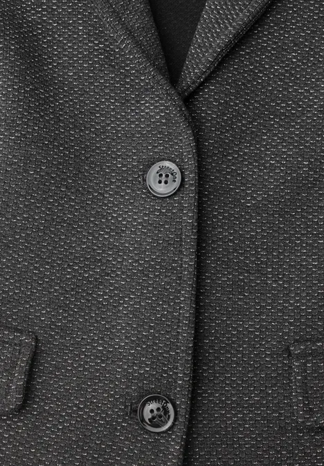 Donkergrijze, fijn gestructureerde blazer met twee knopen en opgestikte zakken.