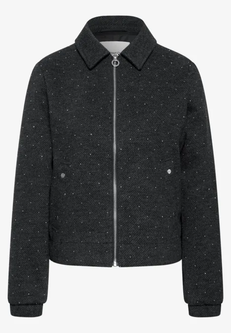 Veste gris foncé chinée, fermeture éclair, col chemise et poches latérales