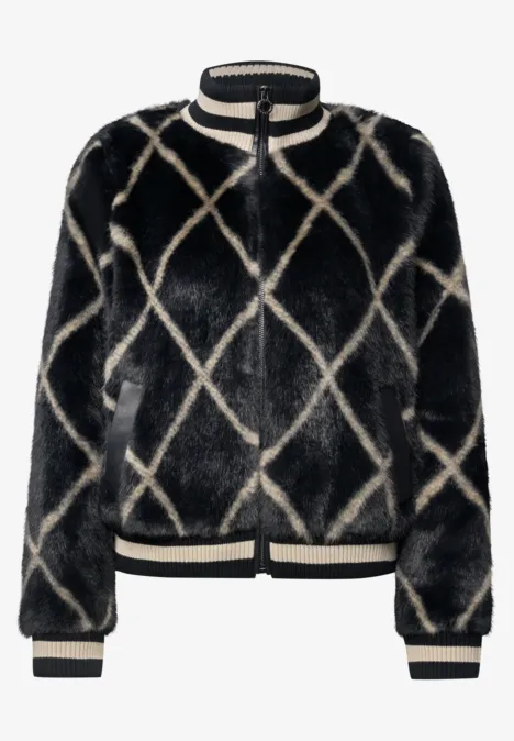 Fake Fur Blouson mit Leder-Look-Details armor grey Schwarze Teddyjacke mit cremefarbenem Rautenmuster, Reißverschluss und kontrastierenden Bündchen