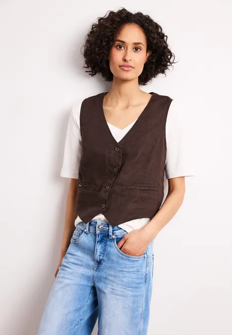 Weste mit V-Neck und Knöpfen aus Leinen espresso brown