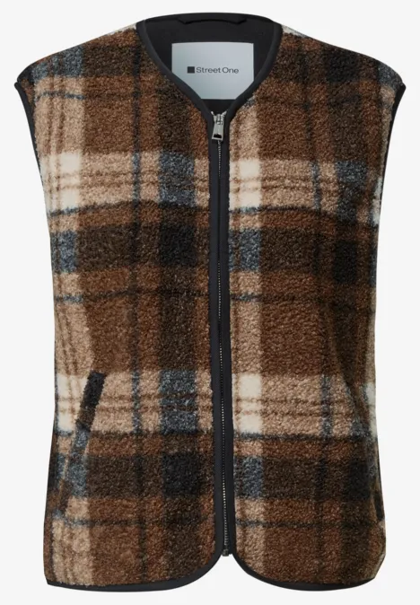 Ärmellose Jacke aus flauschigem kariertem Fleece mit Reißverschluss und Eingrifftaschen.