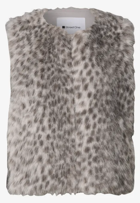Fake-Fur Weste mit Zipper und Taschen clay sand Ärmellose Pelzweste in hellgrauem Pelz mit dunklem Fleckenmuster.