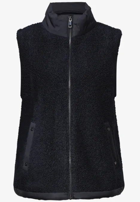 Schwarze Fleece-Weste mit Stehkragen, Reißverschluss und zwei Seitentaschen