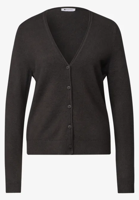 Cadigan met V-hals en knoopsluiting black coffee mel. Dunkelgraue Strickjacke mit V-Ausschnitt, langen Ärmeln und durchgehender Knopfleiste.