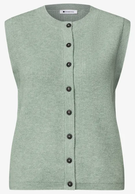 Strickweste mit Rundhals und Knopfleiste eucalyptus green mel. Ärmellose, hellgrüne Strickweste mit Knopfleiste und gerippten Abschlüssen.