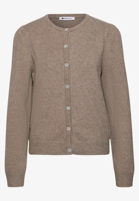 Beige-brauner Rippstrick-Cardigan mit Rundhalsausschnitt und Knopfleiste, langärmlig.