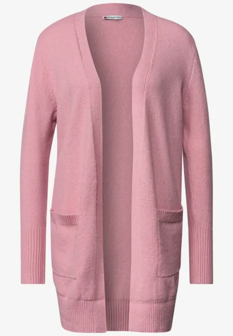 Cardigan long rose, coupe ouverte, poches plaquées.