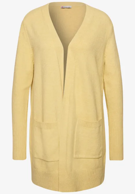 Gelber, offener Strick-Cardigan mit langen Ärmeln und Taschen.