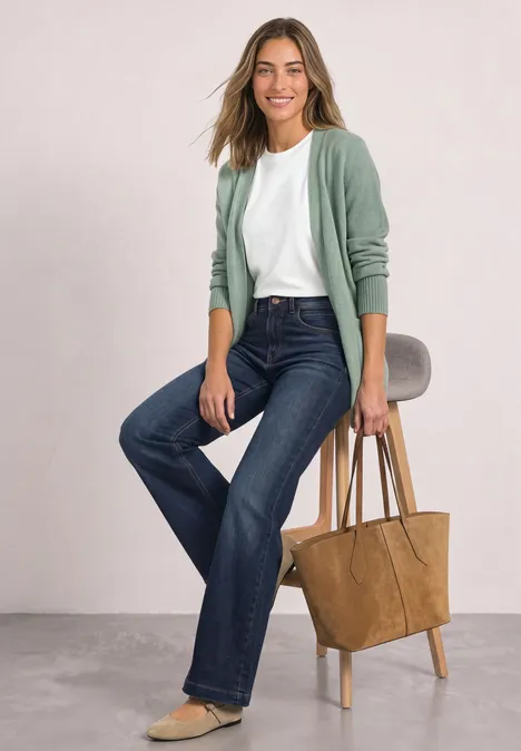 Femme souriante en jean, t-shirt blanc et gilet vert assise sur un tabouret avec un sac marron.