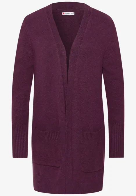 Lila, lange, offene Strickjacke mit langen Ärmeln und Taschen.