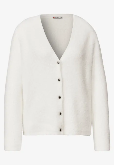 Weißer, flauschiger Cardigan mit V-Ausschnitt und Knopfleiste, locker geschnitten