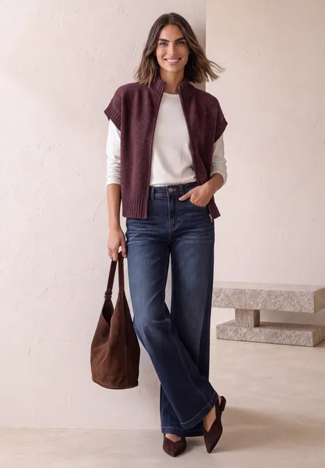 Dropped Shoulder Cardigan mit Turtle Neck und Zipper rustic rouge mel. Frau in dunklen Jeans, weißem Shirt, weinrotem Pullover um die Schultern, mit brauner Tasche.