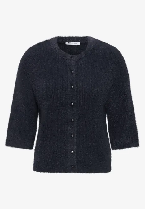 Dunkelblaue Damen-Strickjacke mit flauschiger Struktur, Knopfleiste und 3/4-Ärmeln.