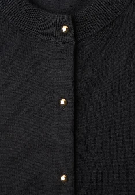 Schwarzer Cardigan mit Rippenstrickkragen und goldenen Knöpfen