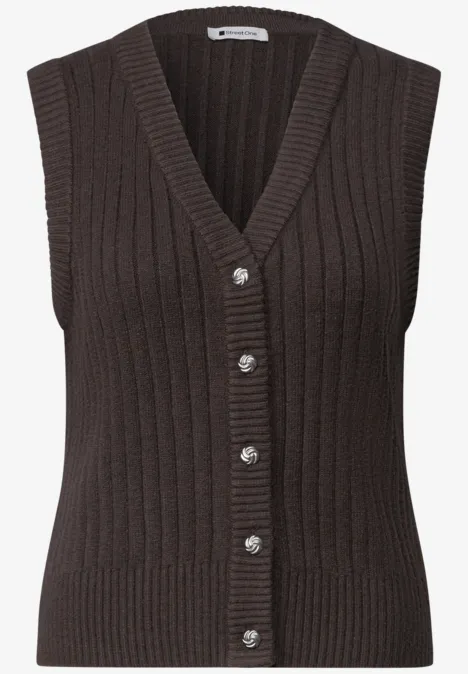 Weste mit V-Neck in Rippstruktur black coffee Braune, gerippte Strickweste mit V-Ausschnitt und Knopfleiste.