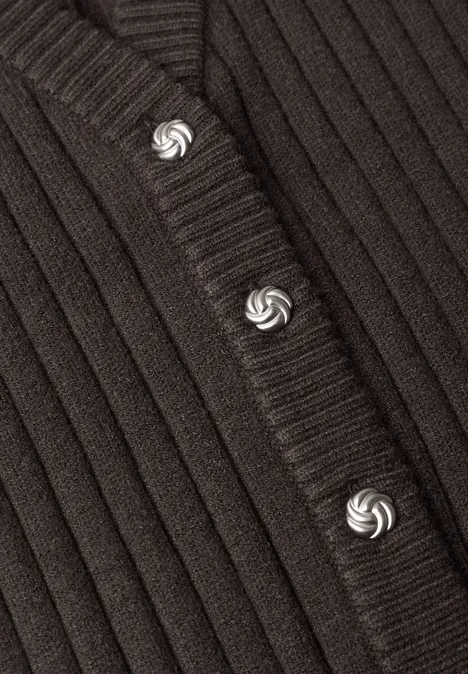 Weste mit V-Neck in Rippstruktur black coffee Brauner, gerippter Strickcardigan mit vertikaler Knopfleiste und weißen Wirbelknöpfen