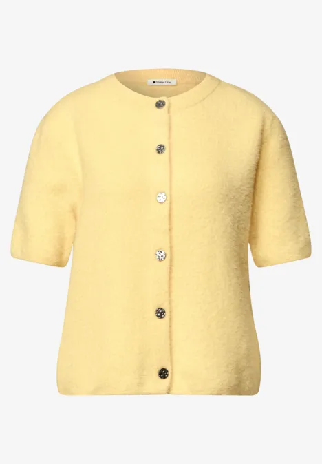 Gelber Kurzarm-Strickcardigan mit Knopfleiste