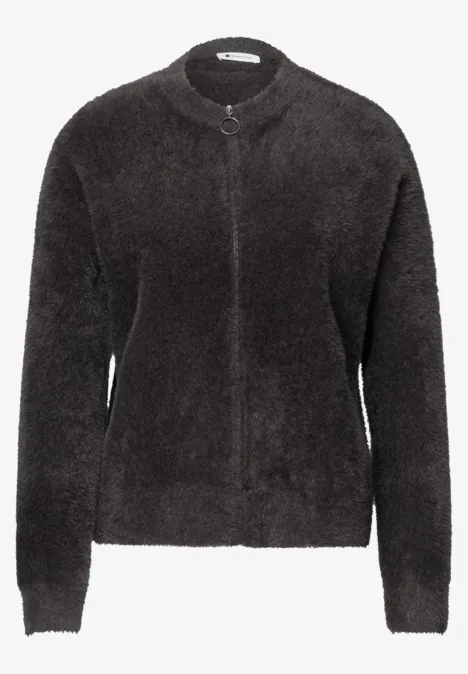Dunkelgraue Teddy-Fleece-Jacke mit Stehkragen und Reißverschluss.