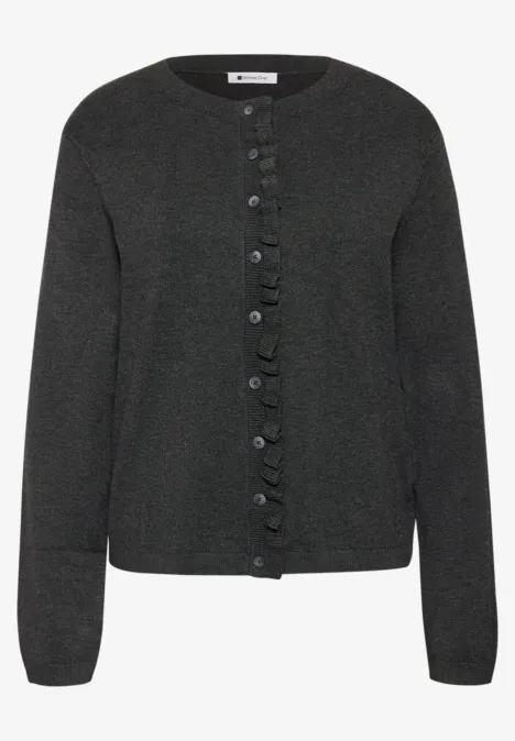 Vest met ronde hals en ruches armor grey mel. Donkergrijs gebreid vest met ruches langs de knoopsluiting